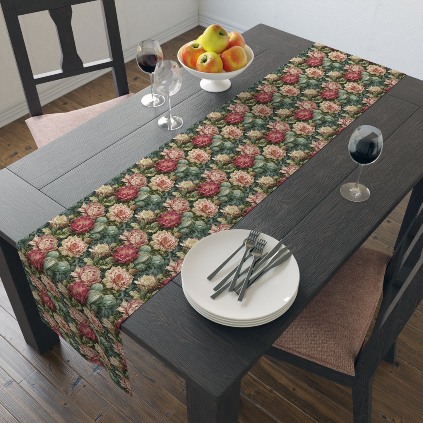 Rococo Cactus Bloom Table Runner | Dark Teal Floral | Mediterraluxe Cactus Collection