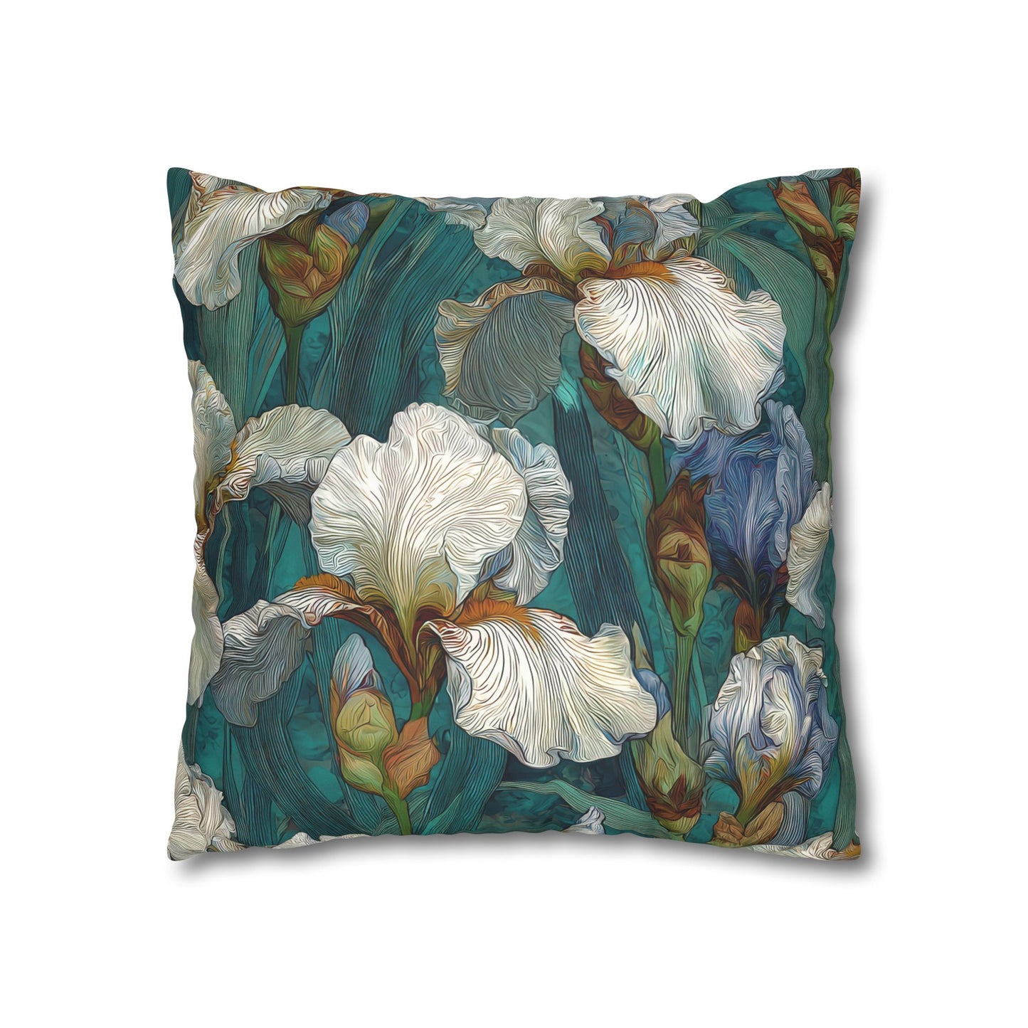 Iris Garden Faux Suede Pillowcase — Teal Floral Decorative Throw Pillow