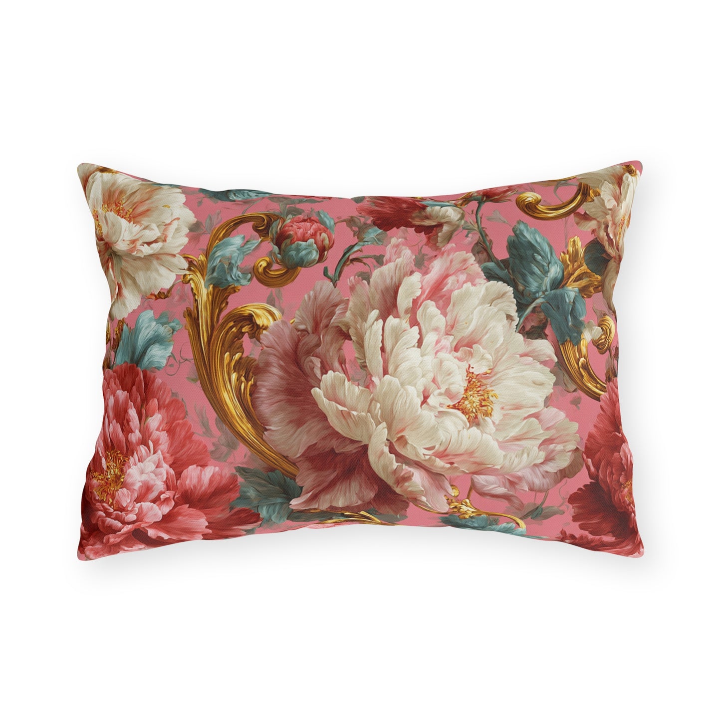 Outdoor Pillow Pink Baroque Peony Floral | Rococo Gold Scroll Garden Cushion | Patio Decor Gift