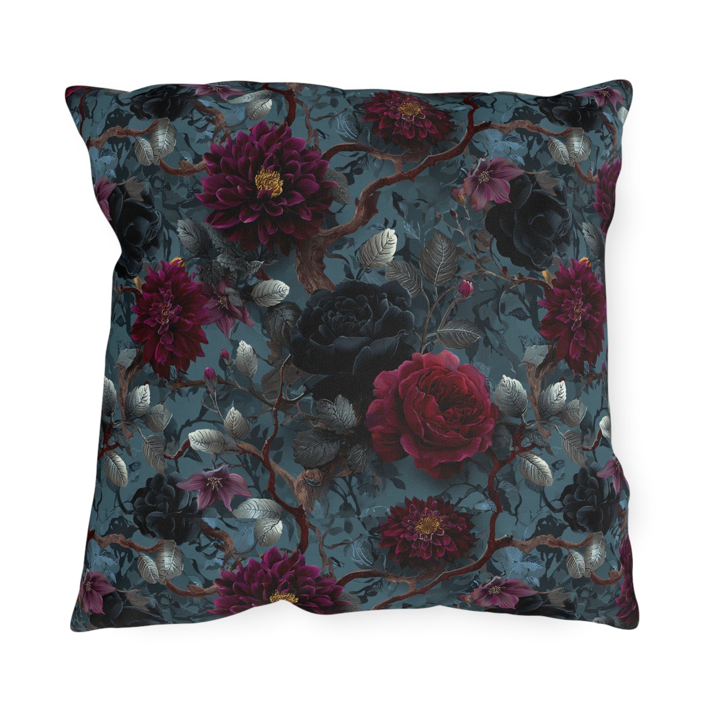 Dark Romantic Roses Outdoor Pillow | Moody Floral Pattern, Garden Decor