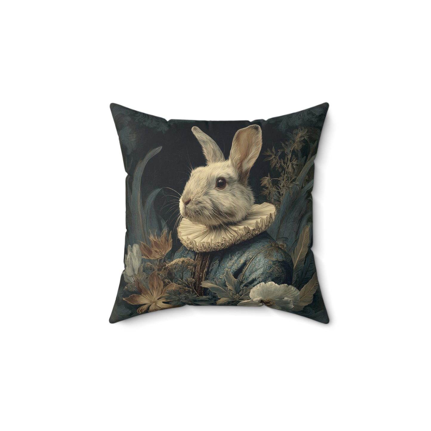 Designer Pillow Renaissance Noble White Rabbit Portrait - Teal Floral Accent Decor