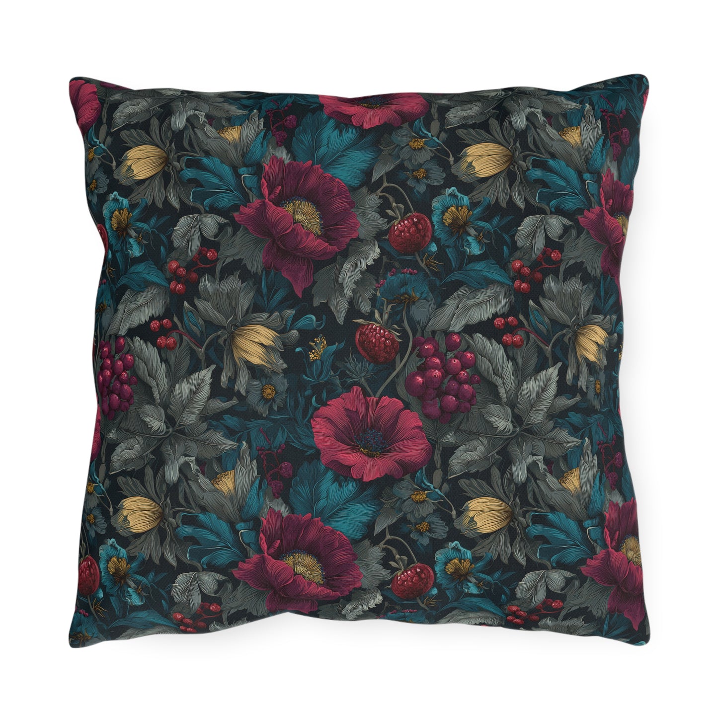 Outdoor Pillow Burgundy Poppy Teal Floral | Gothic Botanical Garden Decor