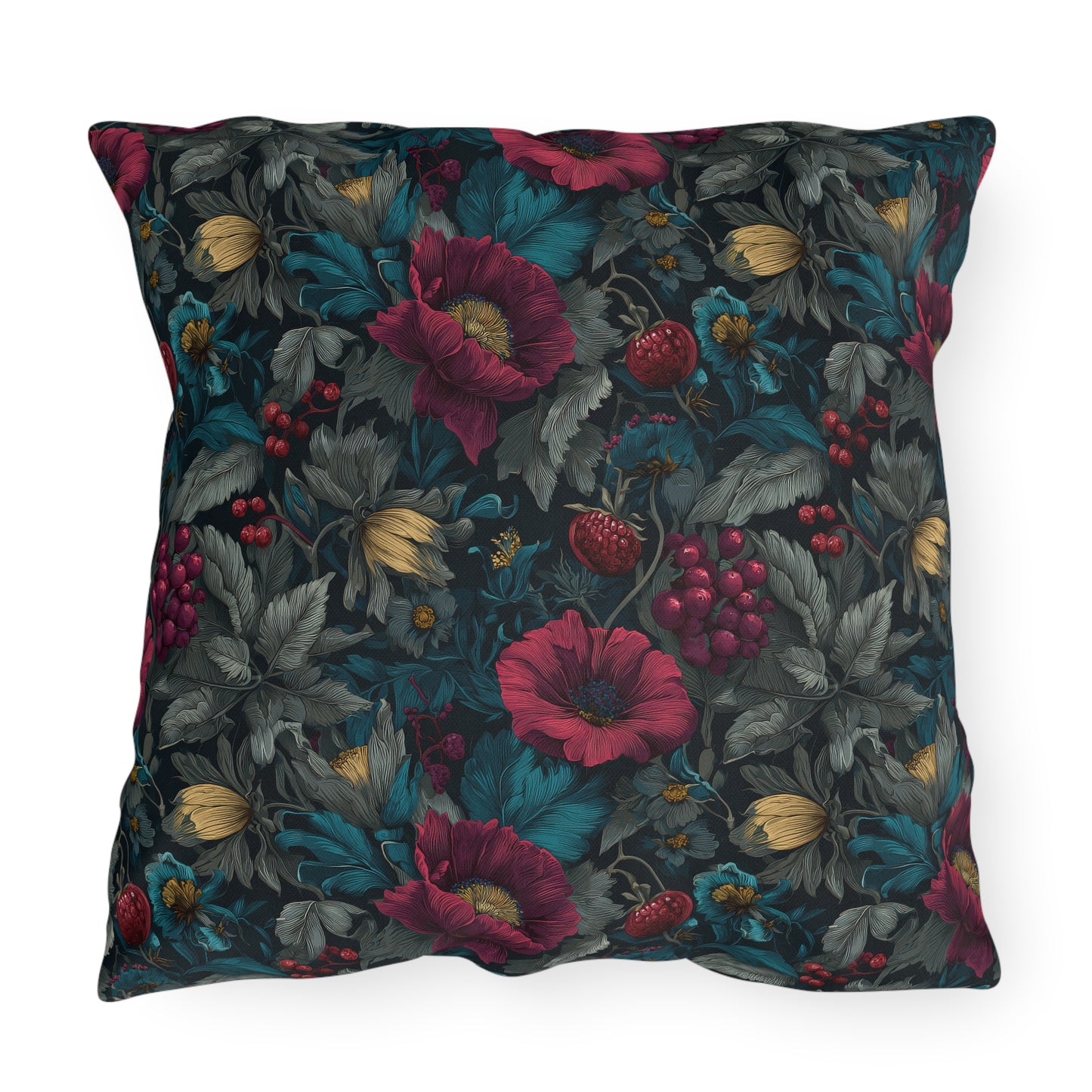 Outdoor Pillow Burgundy Poppy Teal Floral | Gothic Botanical Garden Decor