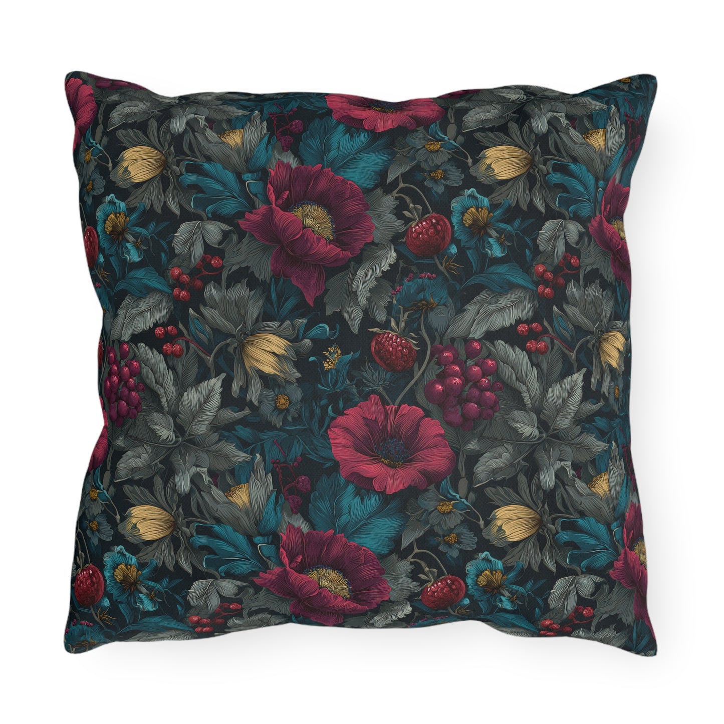 Outdoor Pillow Burgundy Poppy Teal Floral | Gothic Botanical Garden Decor