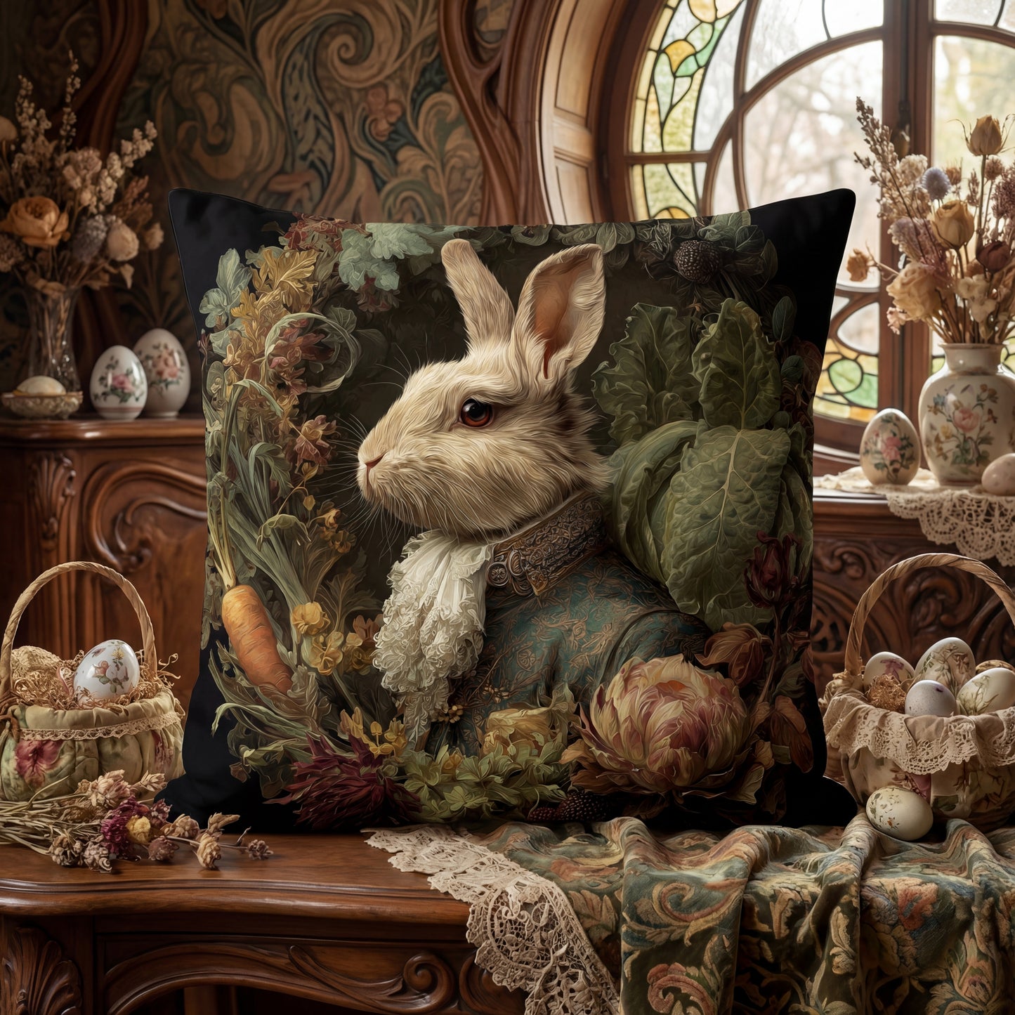 Decorative pillow with a rabbit design in an ornate room setting
