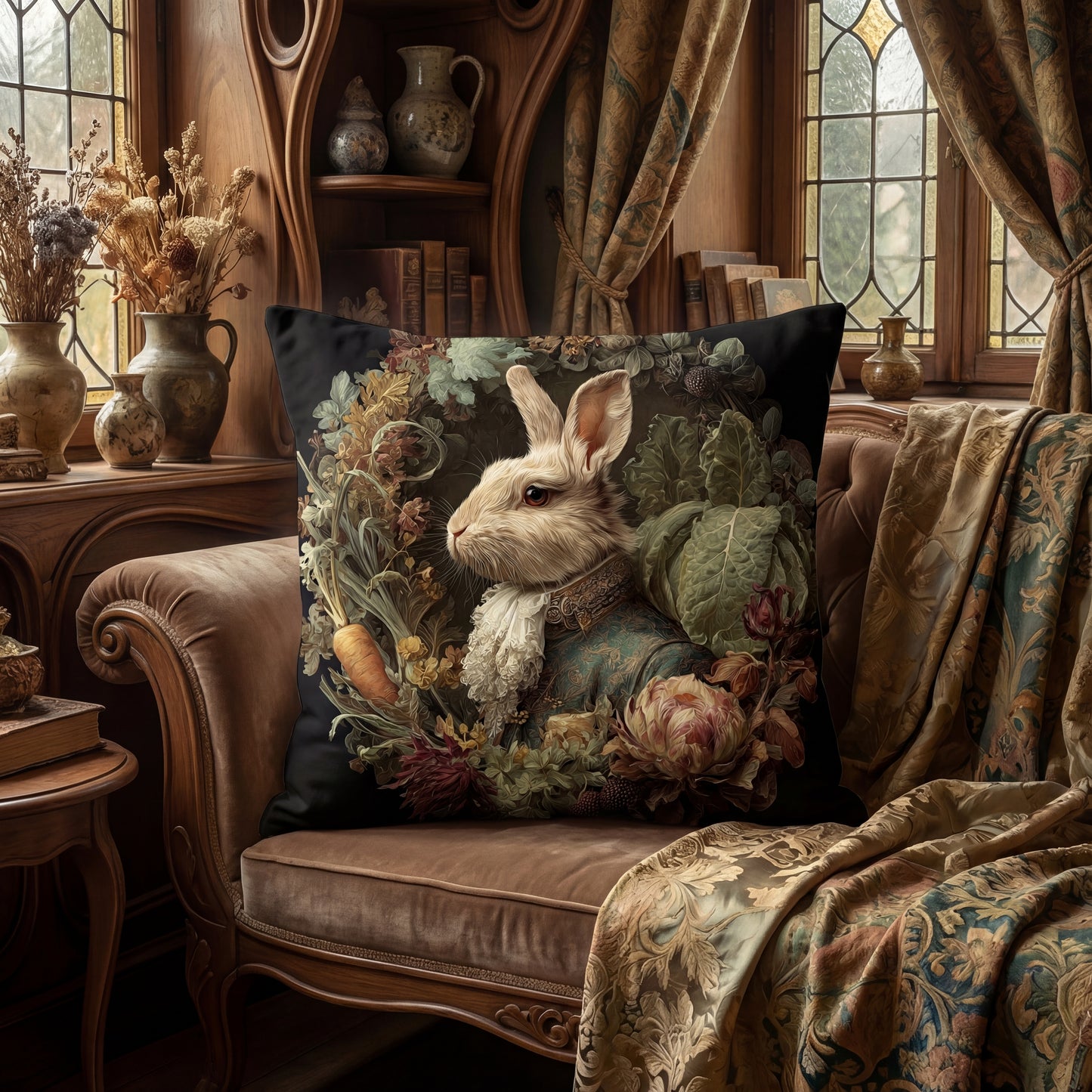 Victorian Rabbit Portrait Faux Suede Pillowcase