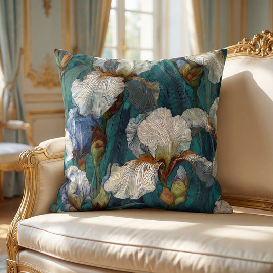 Iris Garden Faux Suede Pillowcase — Teal Floral Decorative Throw Pillow