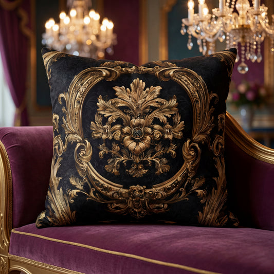 Baroque Gold Medallion Faux Suede Pillow - Elegant Vintage Decorative Cushion