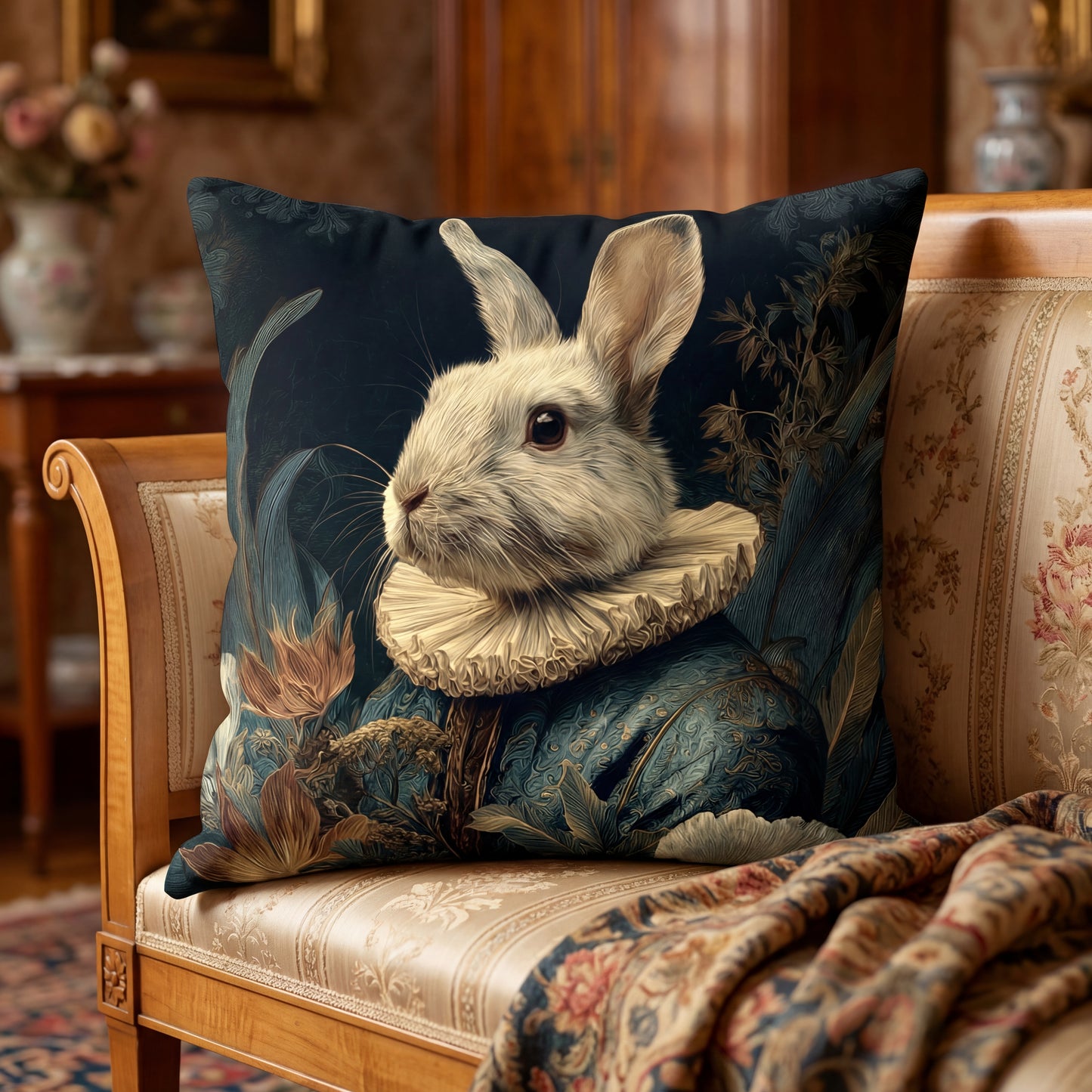 Decorative pillow with a rabbit design on an ornate chair.