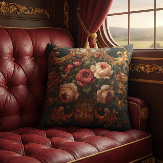 Baroque Rose Floral Pillow on Dark Teal – Rococo Gold Scroll Cushion, Victorian Peony Decorative Pillow, Grandmillennial Luxury Décor