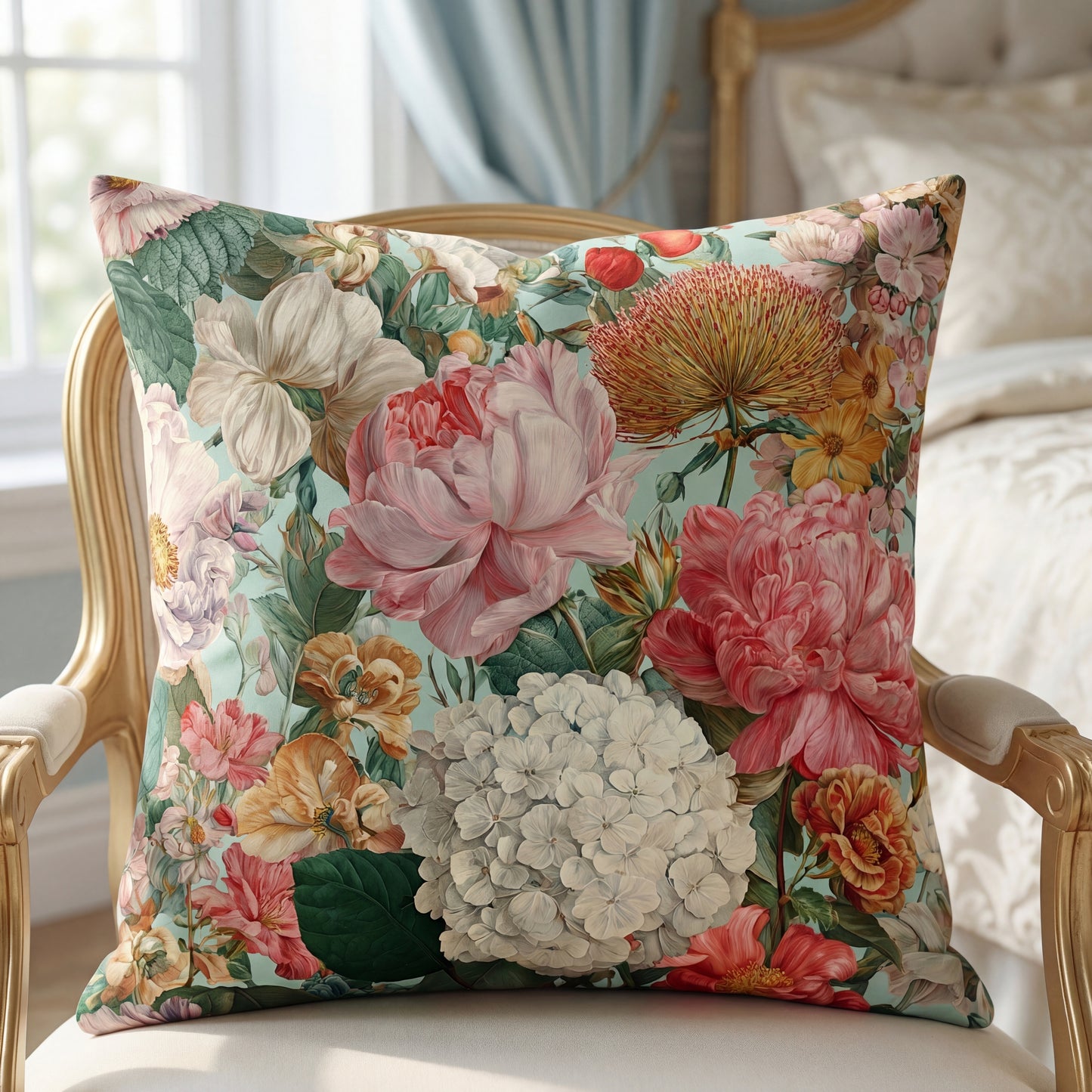 Vintage Floral Bouquet Pillow | Pink Peony Hydrangea Garden