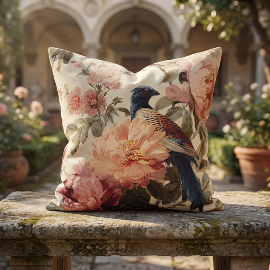 Cushion Cover Vintage Floral Blue Bird  Romantic Peony Square Pillowcase
