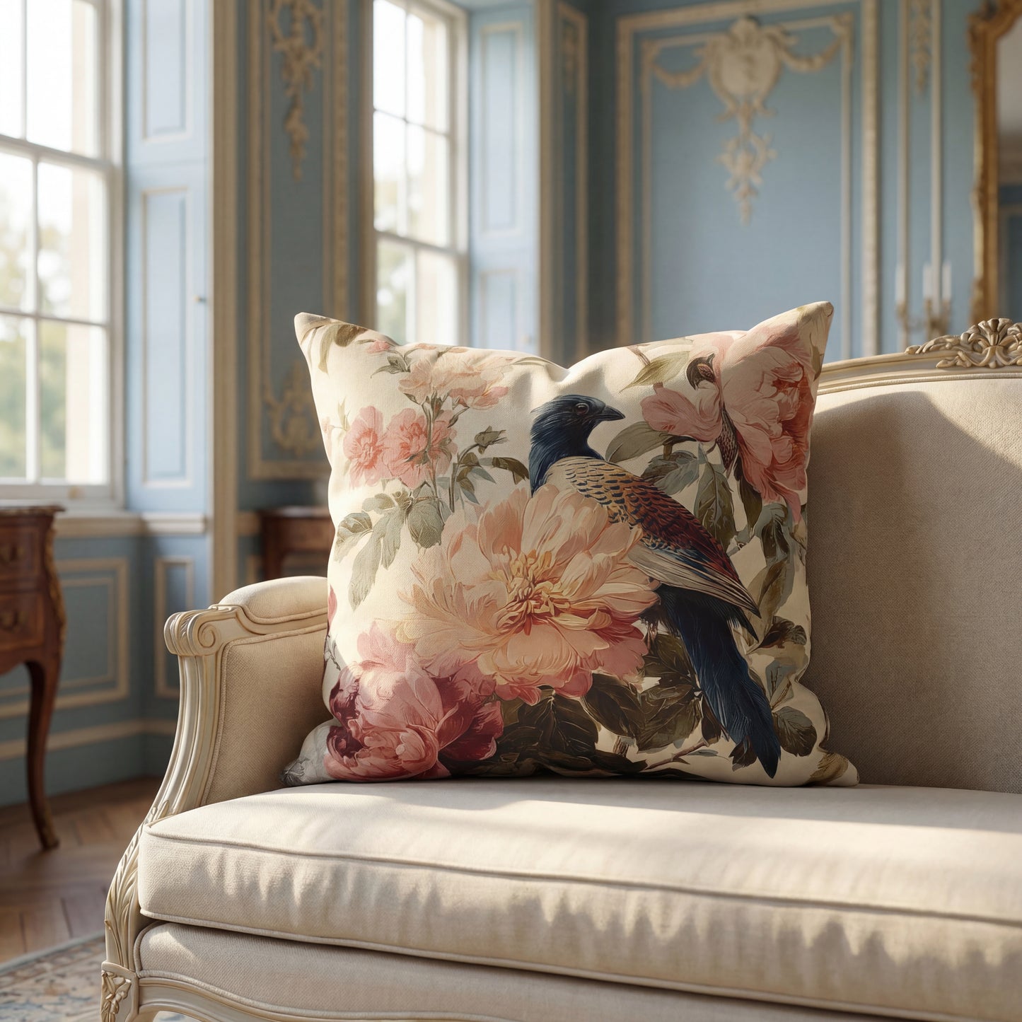 Cushion Cover Vintage Floral Blue Bird  Romantic Peony Square Pillowcase