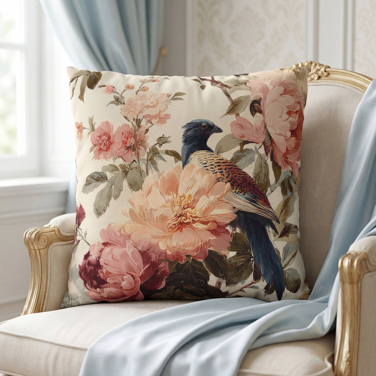 Cushion Cover Vintage Floral Blue Bird  Romantic Peony Square Pillowcase