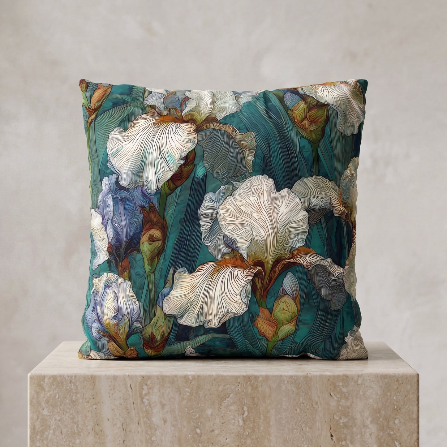 Iris Garden Faux Suede Pillowcase — Teal Floral Decorative Throw Pillow