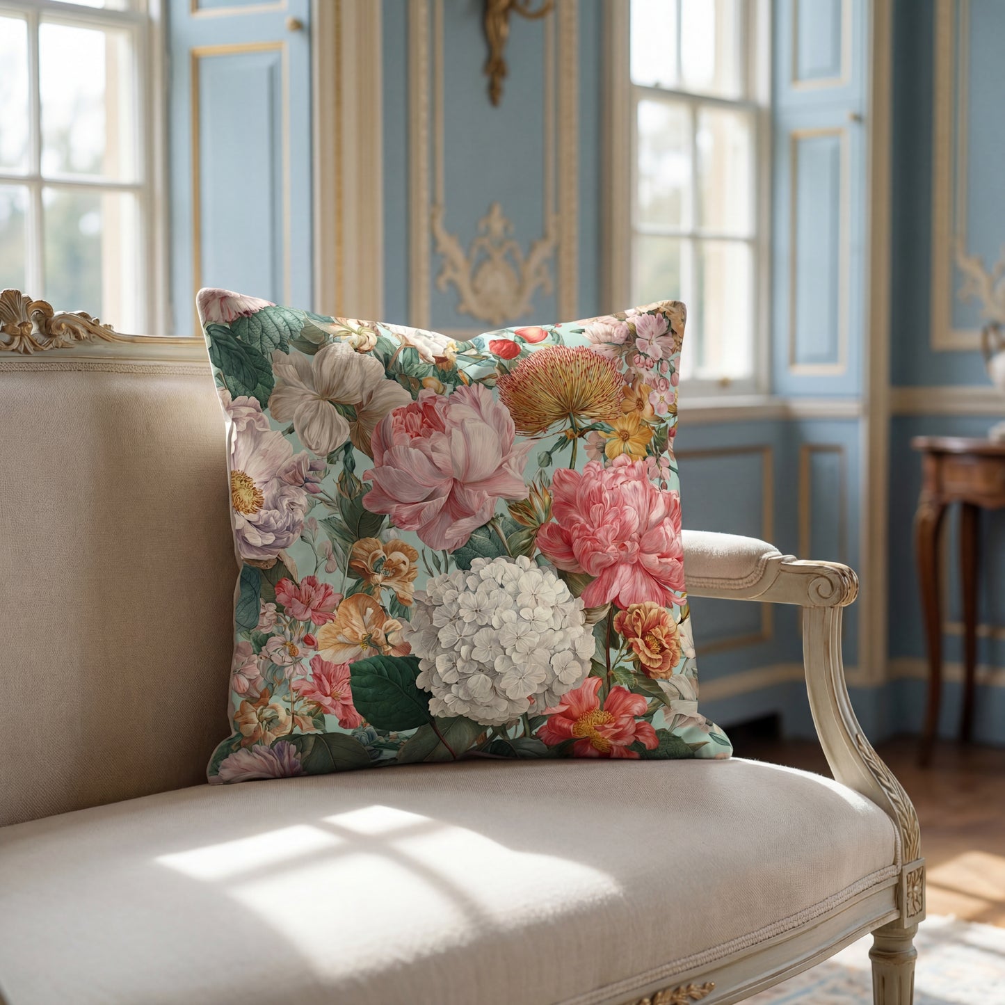 Vintage Floral Bouquet Pillow | Pink Peony Hydrangea Garden