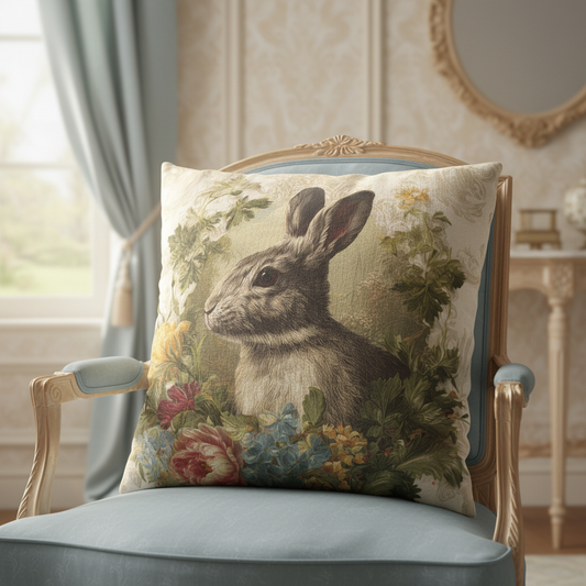 Decorative pillow with a rabbit design on a chair in a room with curtains and a mirror.
