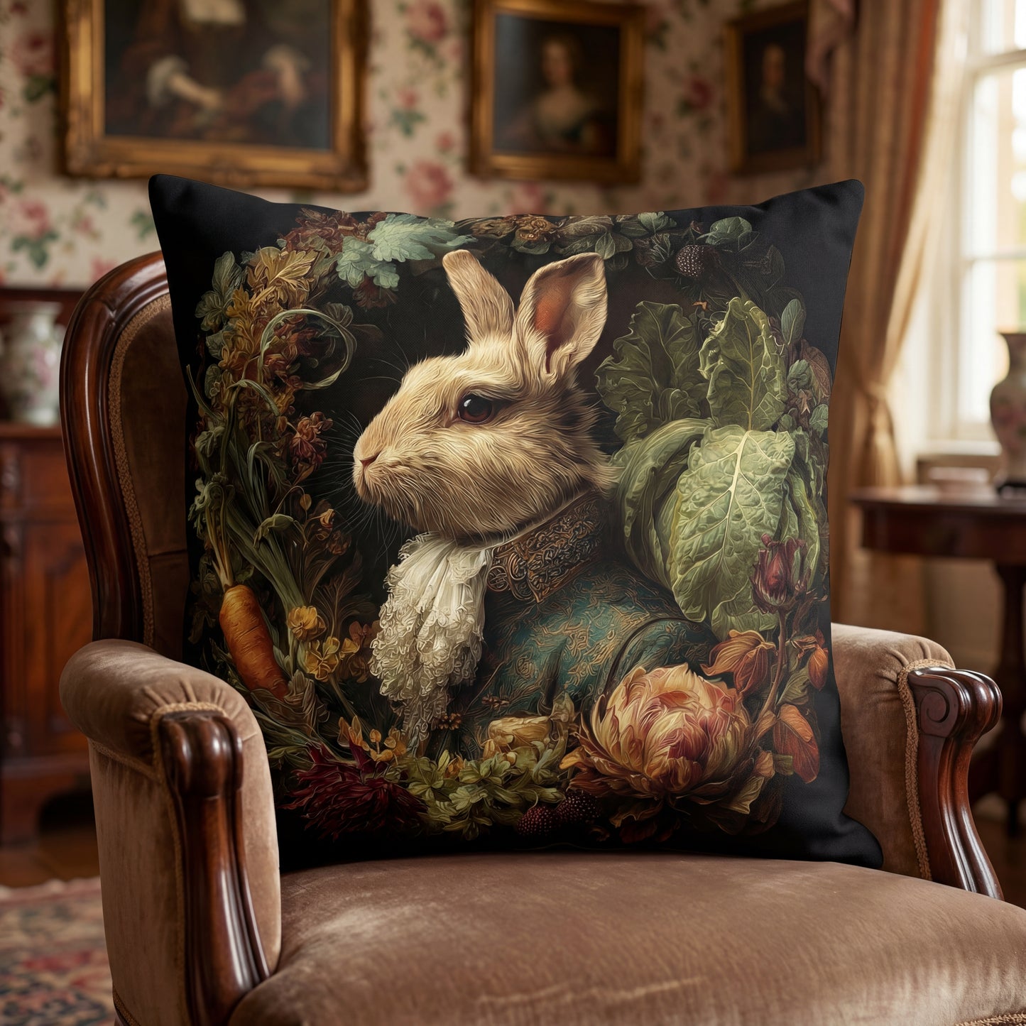 Victorian Rabbit Portrait Faux Suede Pillowcase