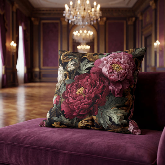 Vintage Floral Faux Suede Pillowcase — Burgundy Peonies Decorative Throw Pillow Cover