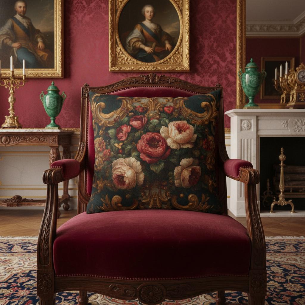 Baroque Rose Floral Pillow on Dark Teal – Rococo Gold Scroll Cushion, Victorian Peony Decorative Pillow, Grandmillennial Luxury Décor