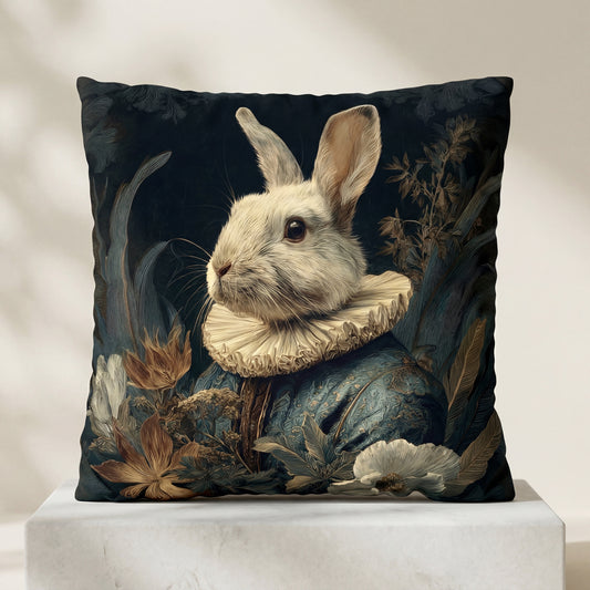 A square decorative throw pillow sits on a white marble plinth, featuring a detailed illustration of a white rabbit in historical attire. The rabbit is depicted in profile, wearing an ornate, textured blue jacket and a large, cream-colored pleated ruff collar. It is surrounded by a rich, dark botanical scene with muted brown and beige flowers, feathers, and elongated leaves. The background behind the plinth is a soft, off-white wall with gentle shadows, creating a clean, professional product display.