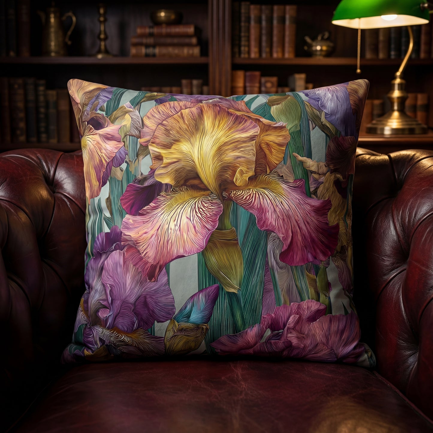 Botanical Cushion Art Deco Iris Nocturne Floral Throw Pillow, Luxury Vintage Accent