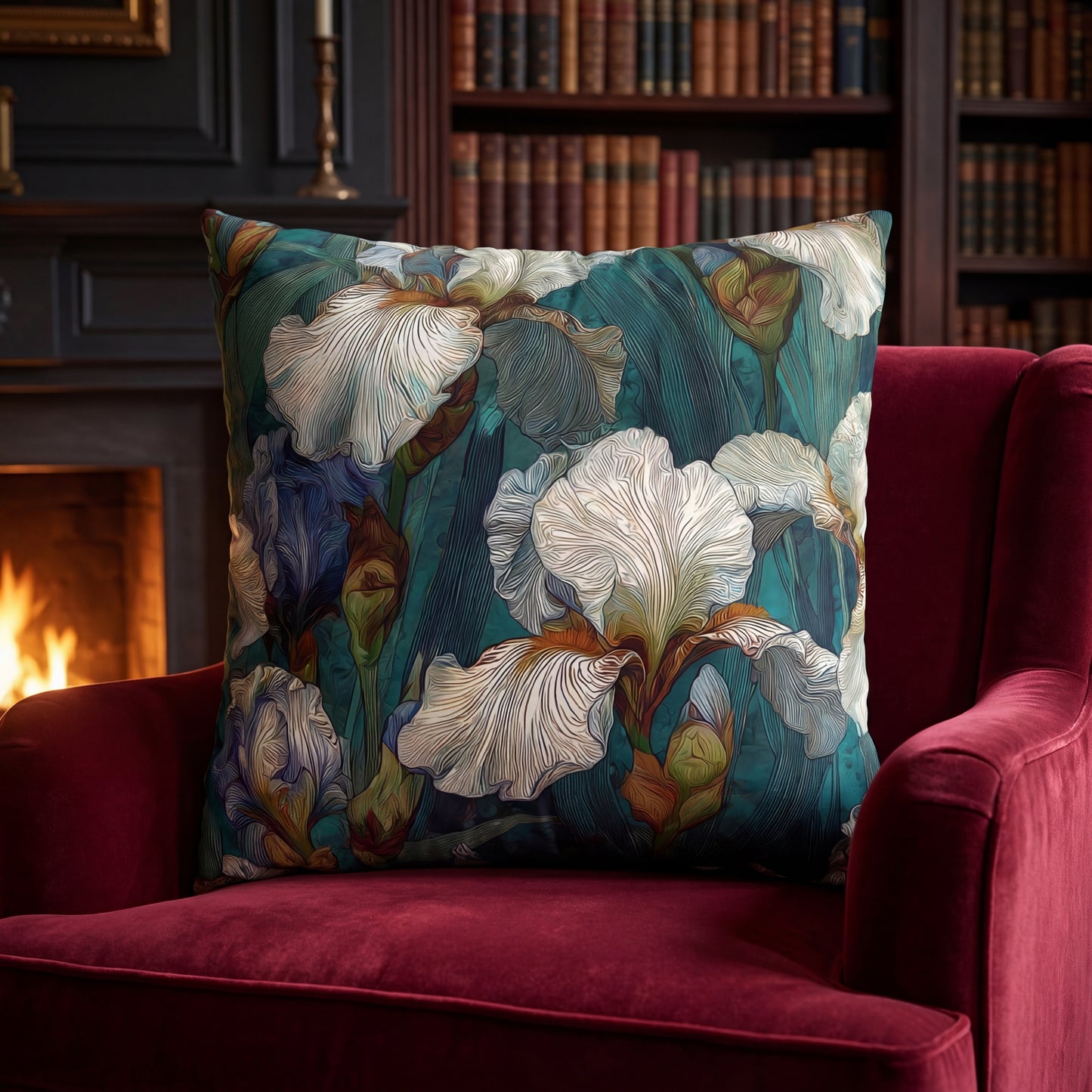 Iris Garden Faux Suede Pillowcase — Teal Floral Decorative Throw Pillow