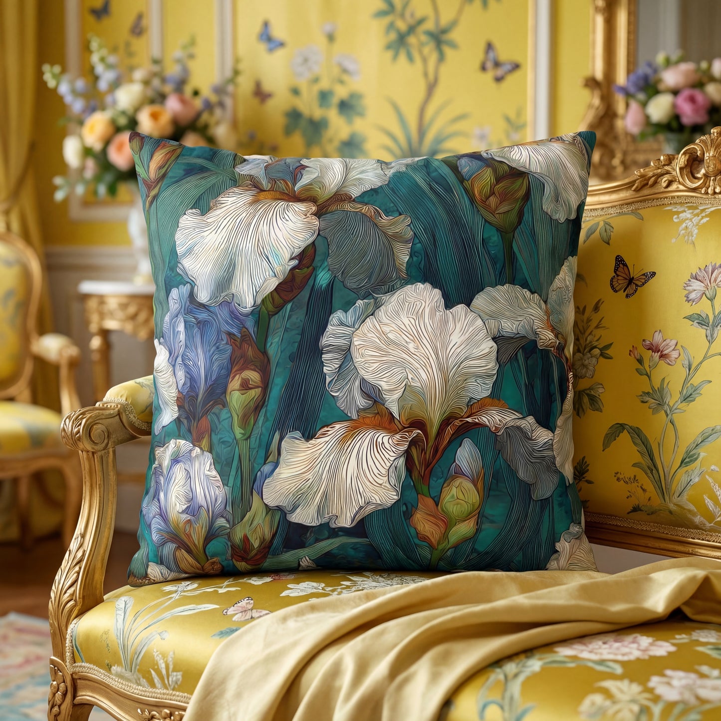 Iris Garden Faux Suede Pillowcase — Teal Floral Decorative Throw Pillow