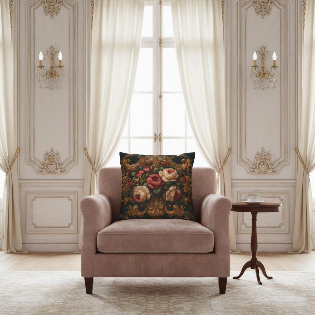 Baroque Rose Floral Pillow on Dark Teal – Rococo Gold Scroll Cushion, Victorian Peony Decorative Pillow, Grandmillennial Luxury Décor
