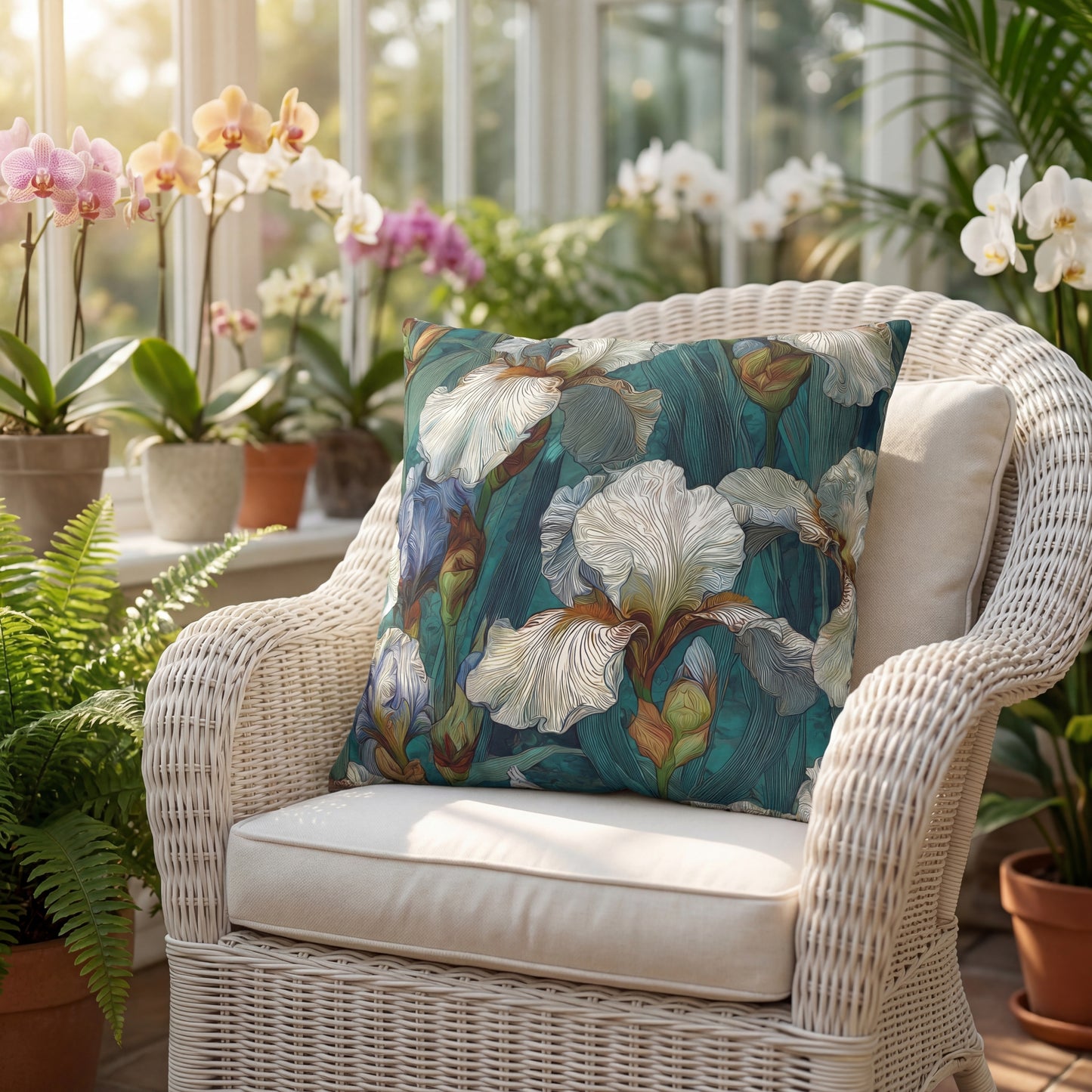 Iris Garden Faux Suede Pillowcase — Teal Floral Decorative Throw Pillow