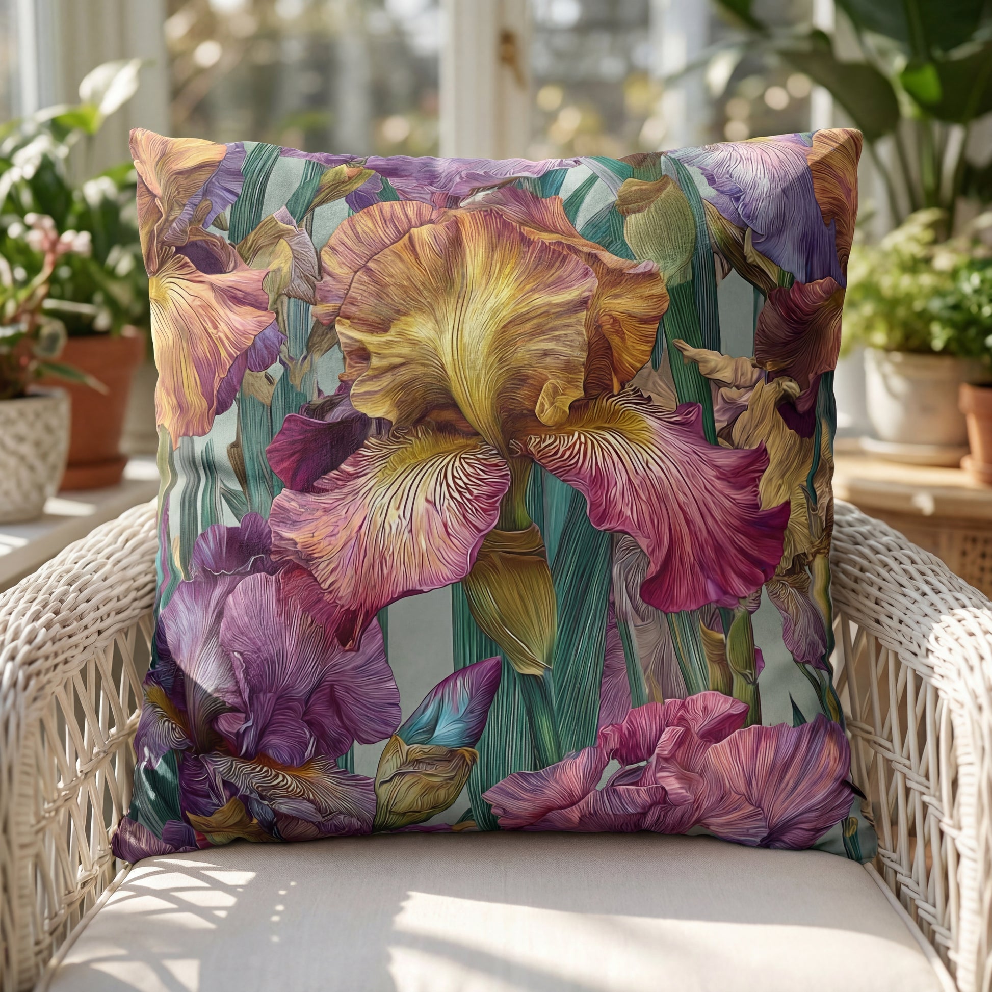 A large, square throw pillow rests on a white wicker chair, featuring a vibrant, detailed botanical print of irises. The central iris is rendered in shades of golden yellow and deep magenta-pink, with intricate veins visible on its petals. Surrounding it are other irises in shades of royal purple and lavender, along with lush green stems and leaves. The pillow is bathed in bright, natural sunlight, casting soft shadows across the seat of the chair. In the blurred background, a sunlit conservatory or sunroom