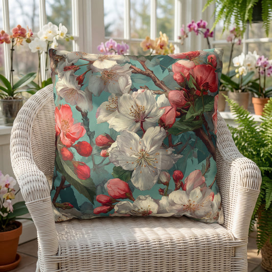Cherry Blooms Floral-patterned pillow on a wicker chair with a garden background