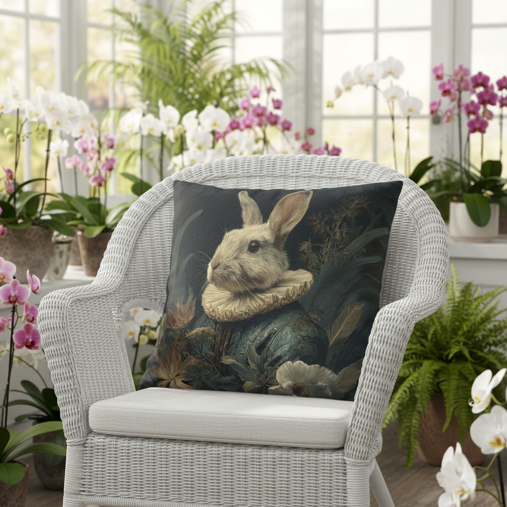 A square decorative throw pillow rests on a white wicker armchair in a bright, sunlit conservatory. The pillow features a whimsical, vintage-style portrait of a rabbit dressed as an Elizabethan nobleman, wearing a large, cream-colored ruffled ruff collar and an ornate, dark teal tunic with gold accents. The armchair is positioned in the foreground with a plush white cushion. The background consists of large, multi-paned windows looking out onto more greenery, while the interior is filled with lush plants, i