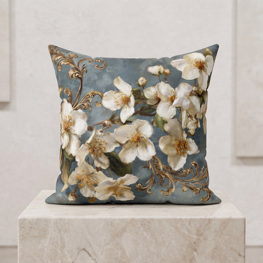 Floral Faux Suede Pillow with insert - Vintage White Blossoms on Blue
