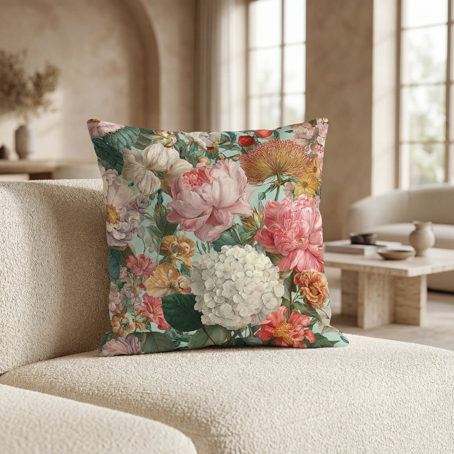 Vintage Floral Bouquet Pillow | Pink Peony Hydrangea Garden