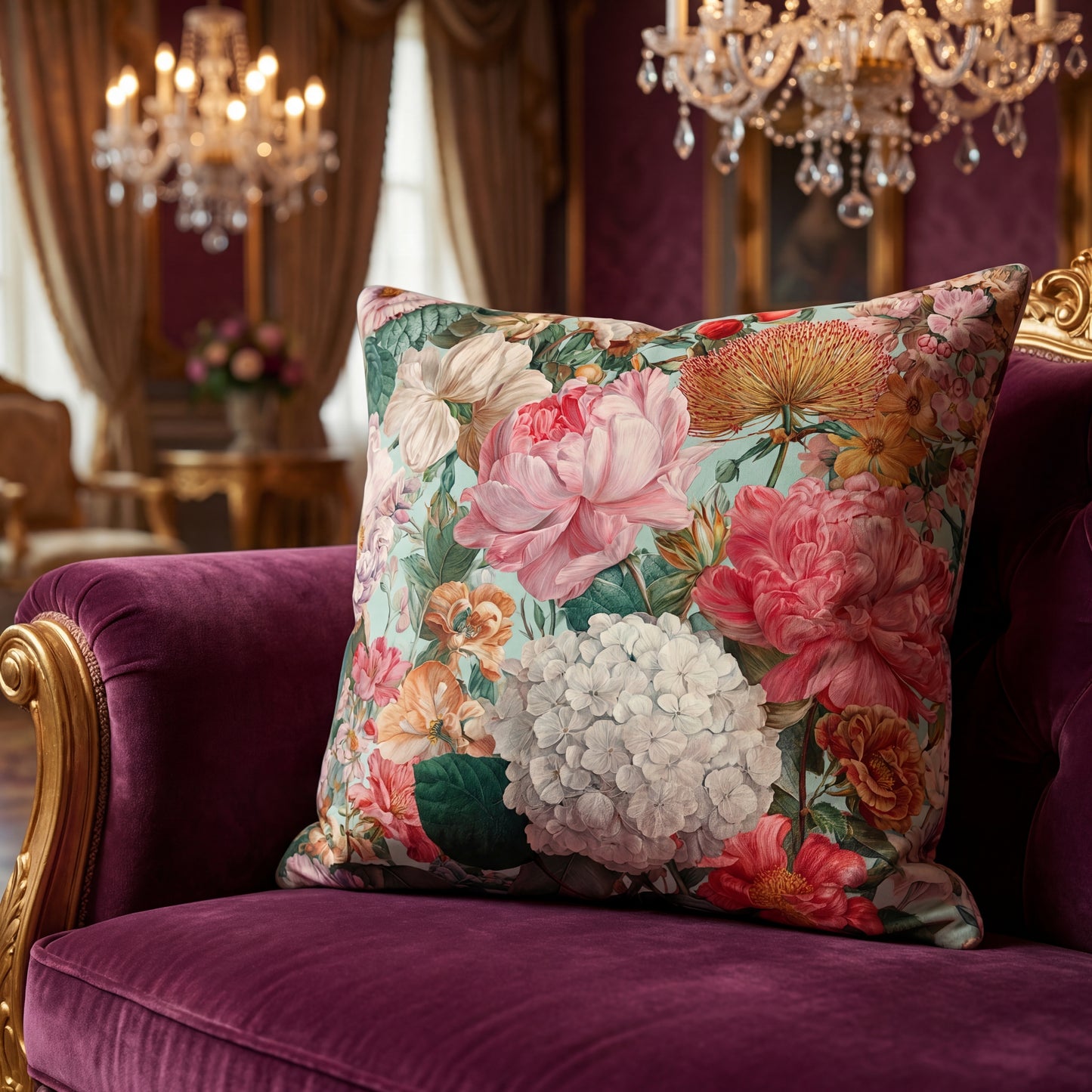 Vintage Floral Bouquet Pillow | Pink Peony Hydrangea Garden