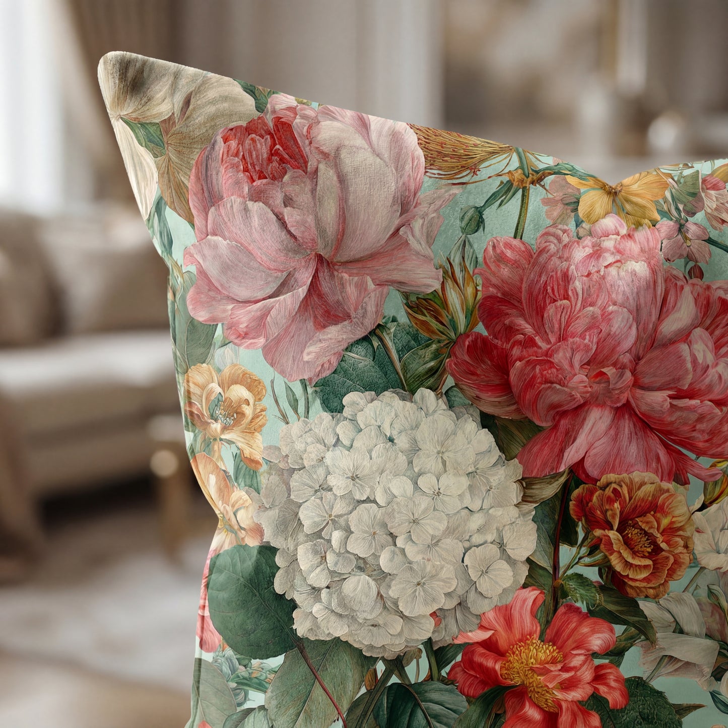 Vintage Floral Bouquet Pillow | Pink Peony Hydrangea Garden