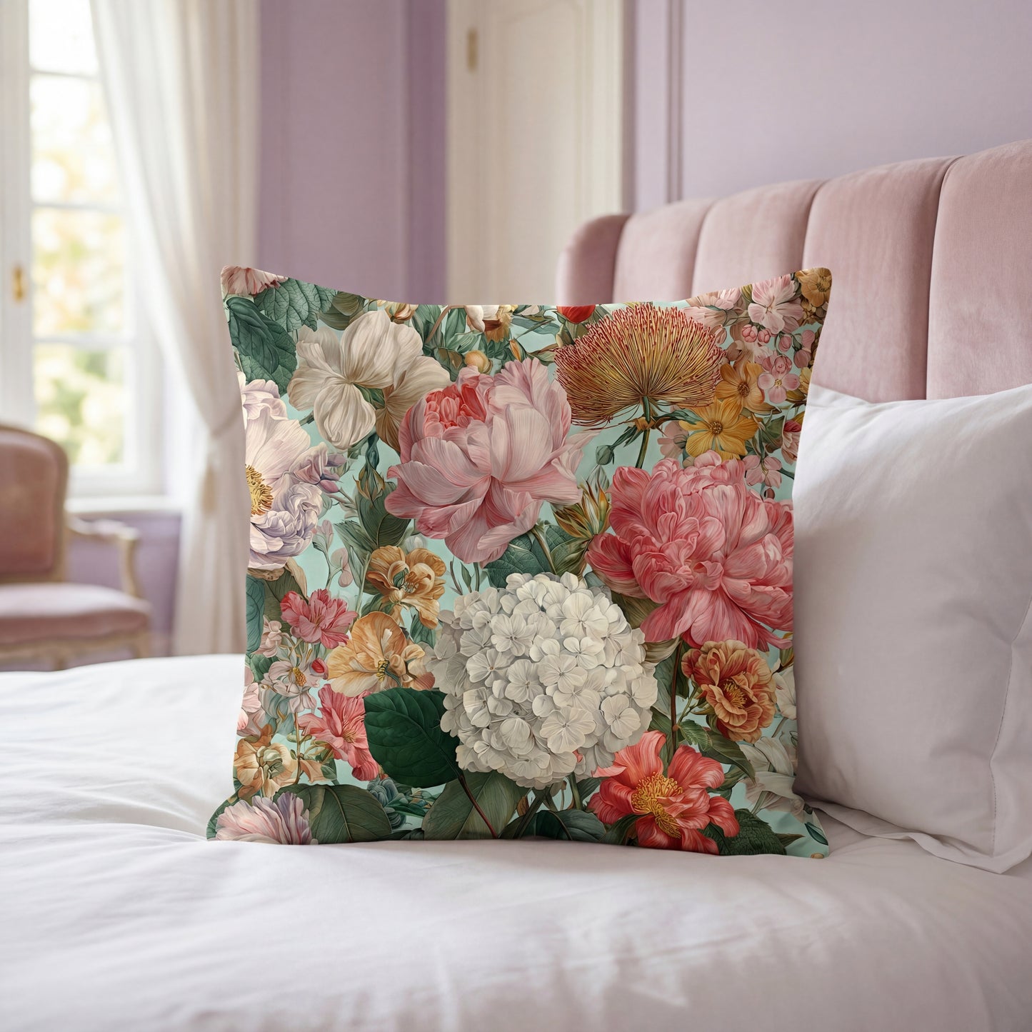 Vintage Floral Bouquet Pillow | Pink Peony Hydrangea Garden