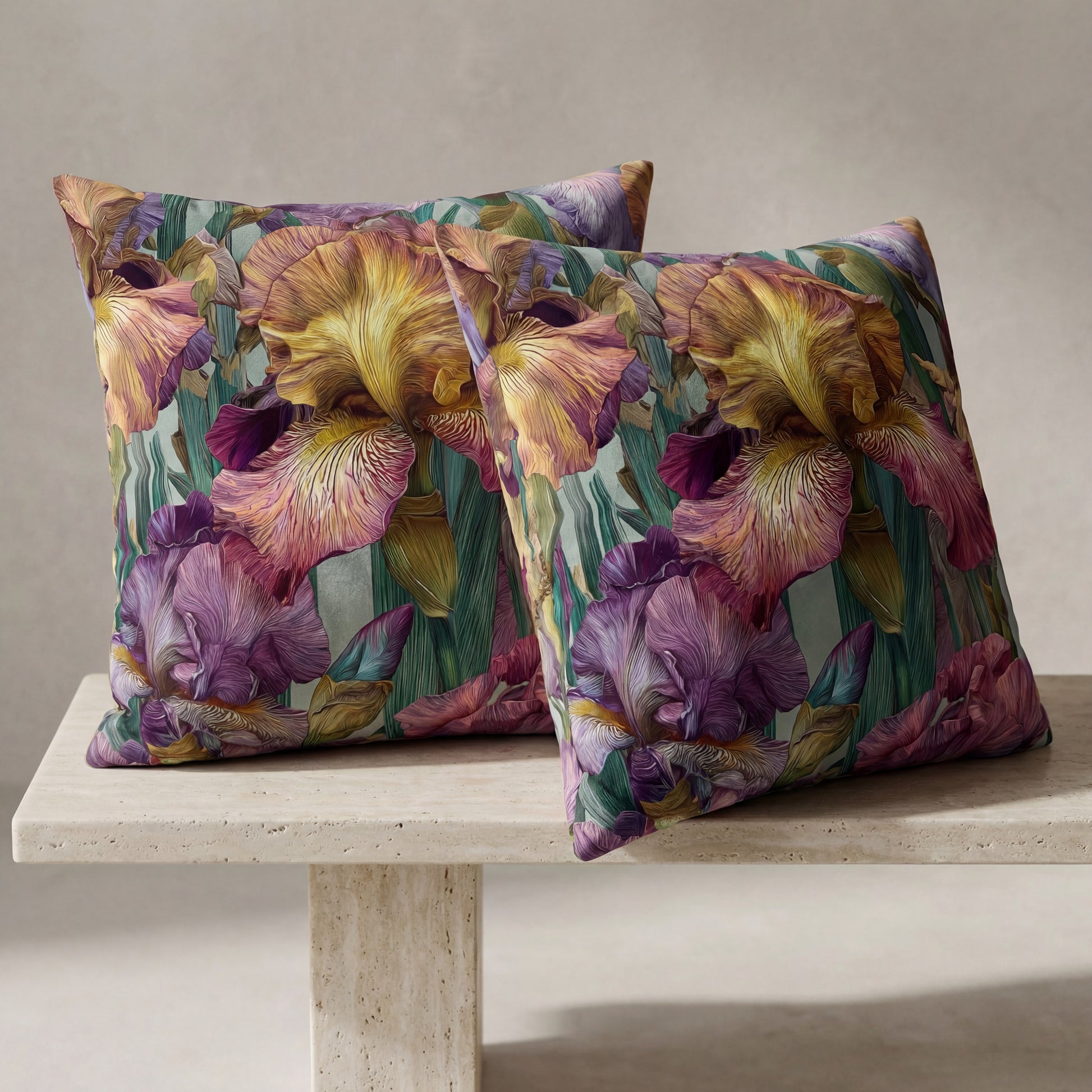 Two floral-patterned pillows on a stone surface with a neutral background