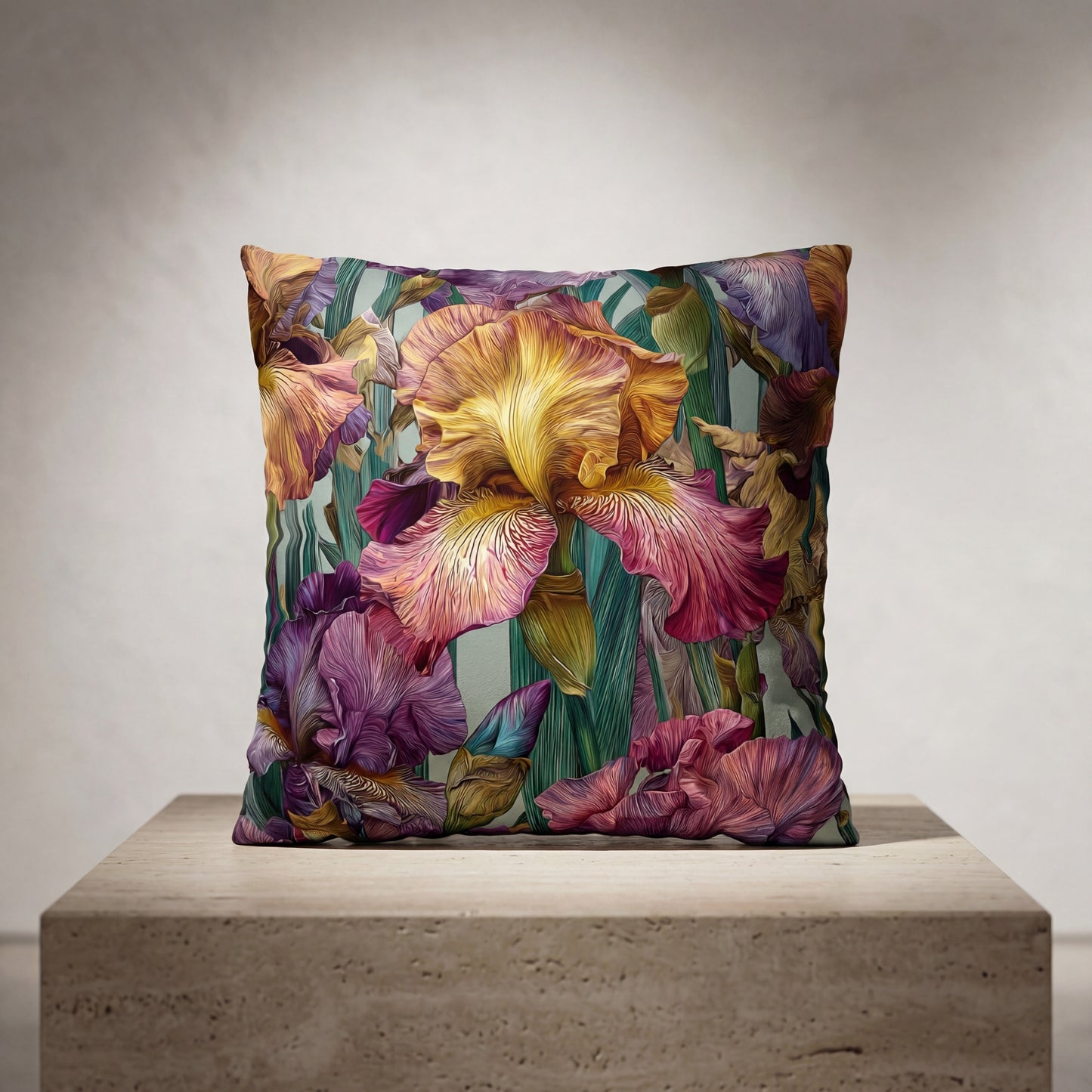 A square throw pillow featuring a vibrant, painterly iris floral pattern is centered on a textured stone pedestal. The intricate design showcases large, blooming irises in rich shades of purple, golden yellow, and magenta, with stylized teal and green foliage. The artwork has a detailed, digital-painting texture with high contrast and saturated colors. The pillow sits on a blocky, light-tan travertine base, set against a minimalist, neutral-toned wall with soft, focused studio lighting.