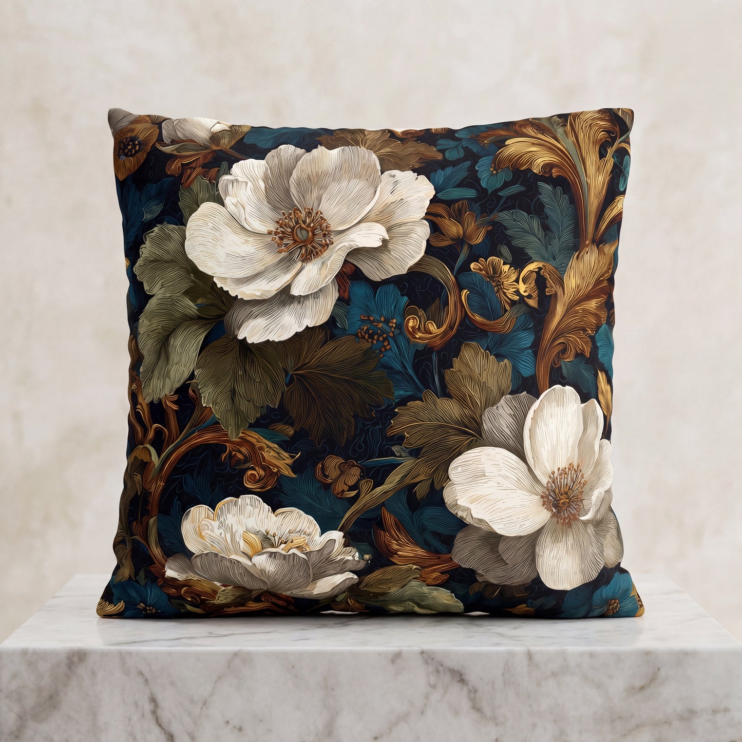 Throw Pillow Vintage Floral White Magnolia on Teal Baroque