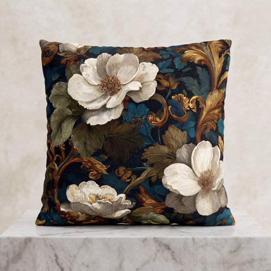 Throw Pillow Vintage Floral White Magnolia on Teal Baroque
