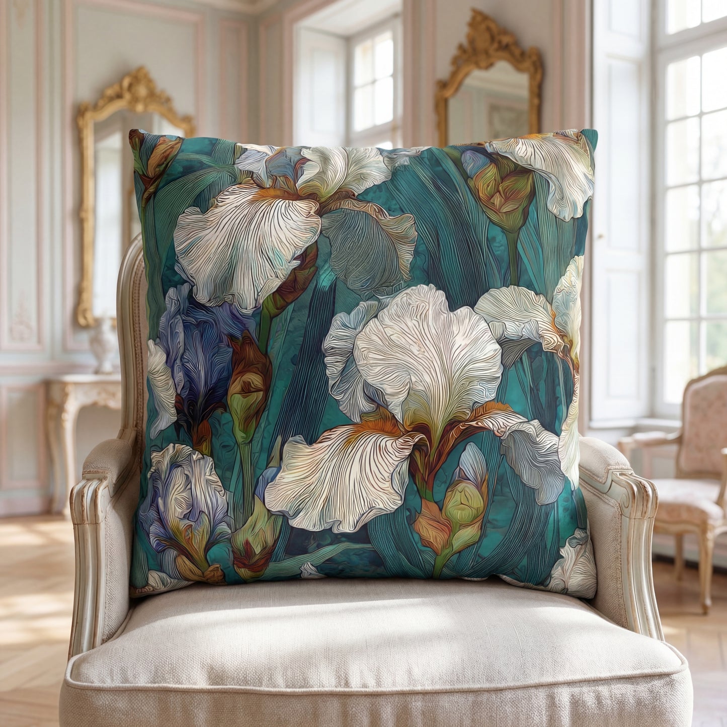 Iris Garden Faux Suede Pillowcase — Teal Floral Decorative Throw Pillow