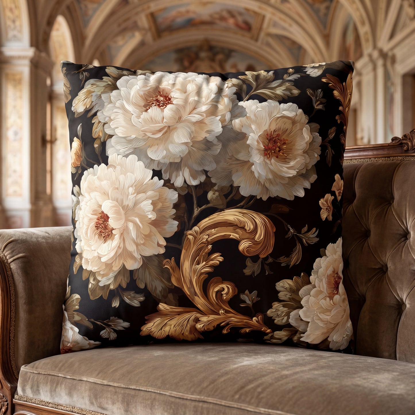 Cushion Cover Baroque Floral Cream Peony Square Decorative Cushion