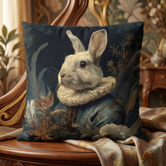 A square decorative throw pillow featuring an anthropomorphic portrait of a white rabbit is prominently displayed on an ornate wooden chair. The rabbit is depicted in a regal, historical style, wearing a large cream-colored pleated ruff collar and a dark teal brocade jacket with intricate gold floral patterns. The artistic style on the pillow is painterly and vintage, with a dark background accented by muted botanical illustrations of leaves and flowers. 