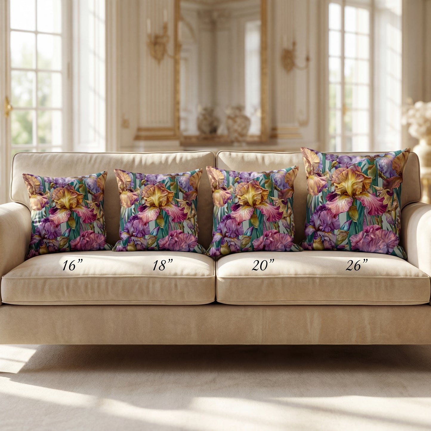 Floral patterned pillows on a beige sofa with size measurements.