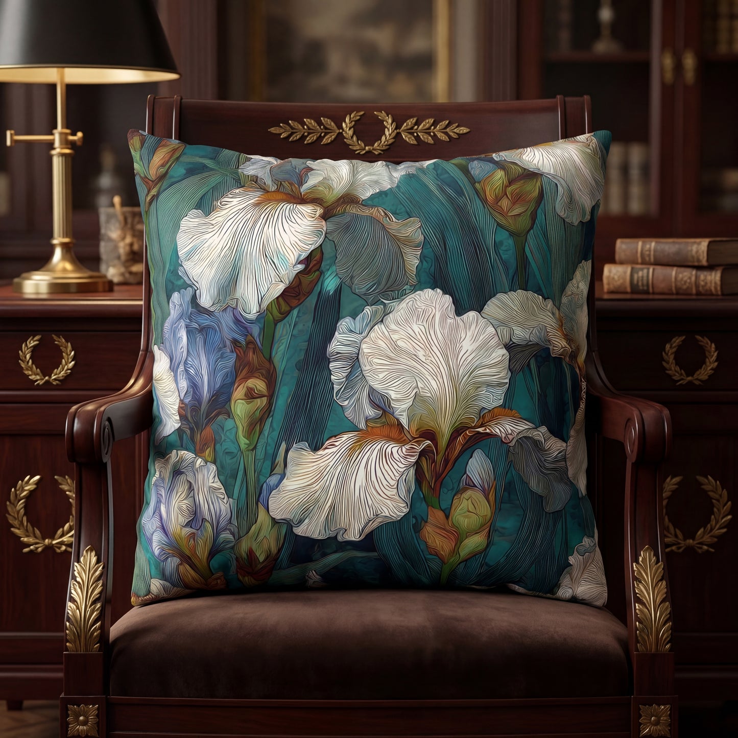 Iris Garden Faux Suede Pillowcase — Teal Floral Decorative Throw Pillow