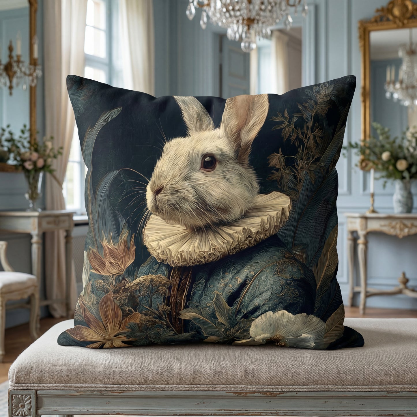 Decorative pillow with a rabbit design in an elegant room setting