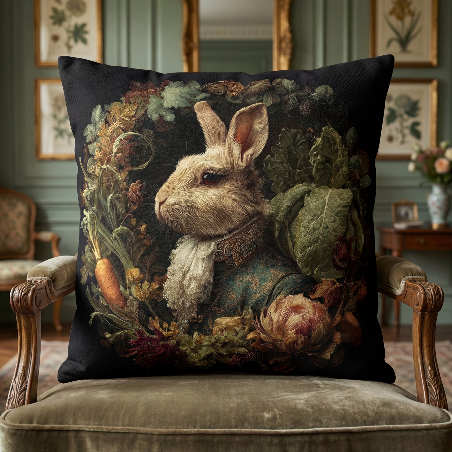 Decorative pillow with a rabbit design on a chair in a room with framed pictures.